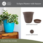 The HC Companies Eclipse Round Planter with Saucer - Outdoor & Indoor Plant Pot with Drainage Holes - Lightweight, UV-Resistant Plastic Pots for Plants, Flowers & Herbs (8" Cappuccino, Pack of 1)