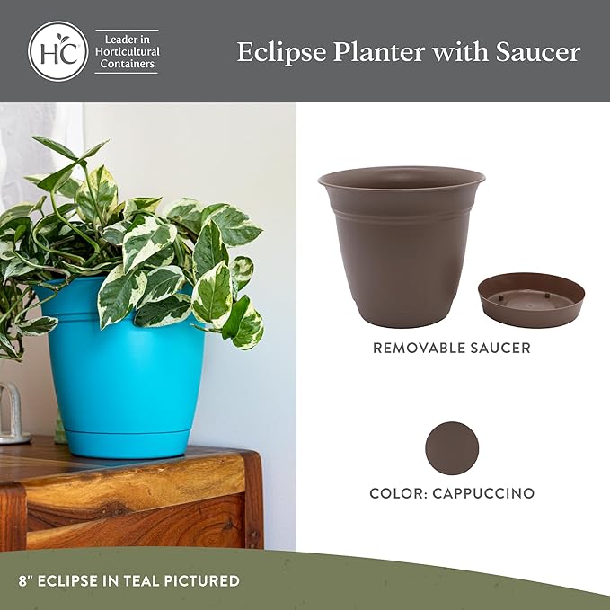 The HC Companies Eclipse Round Planter with Saucer - Outdoor & Indoor Plant Pot with Drainage Holes - Lightweight, UV-Resistant Plastic Pots for Plants, Flowers & Herbs (8" Cappuccino, Pack of 1)