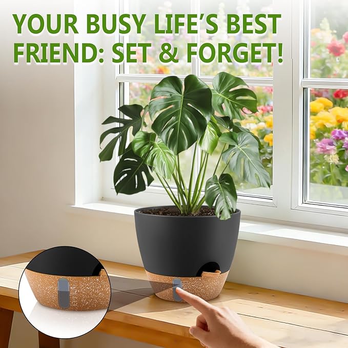QRRICA Plant Pots 8/7/6.5/6/5.5/5 Inch Self Watering Pots, with Drainage Holes and Saucers,Water Level Indicator & Deep Reservoir,Large Plastic Planter for Indoor Out Door Plants (Black)