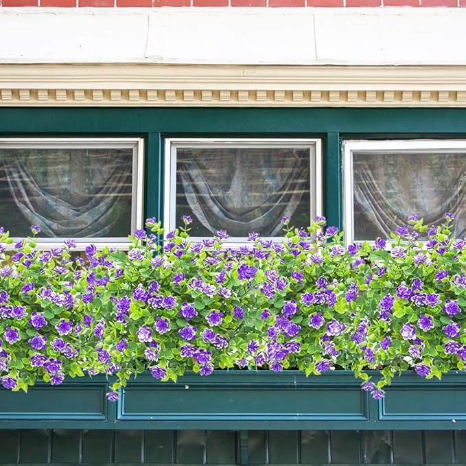 Grunyia 10 Bundles Artificial Fake Flowers, Faux Outdoor Plastic Plants UV Resistant Shrubs Outside Indoor Decorations (Blue-Eucalyptus)