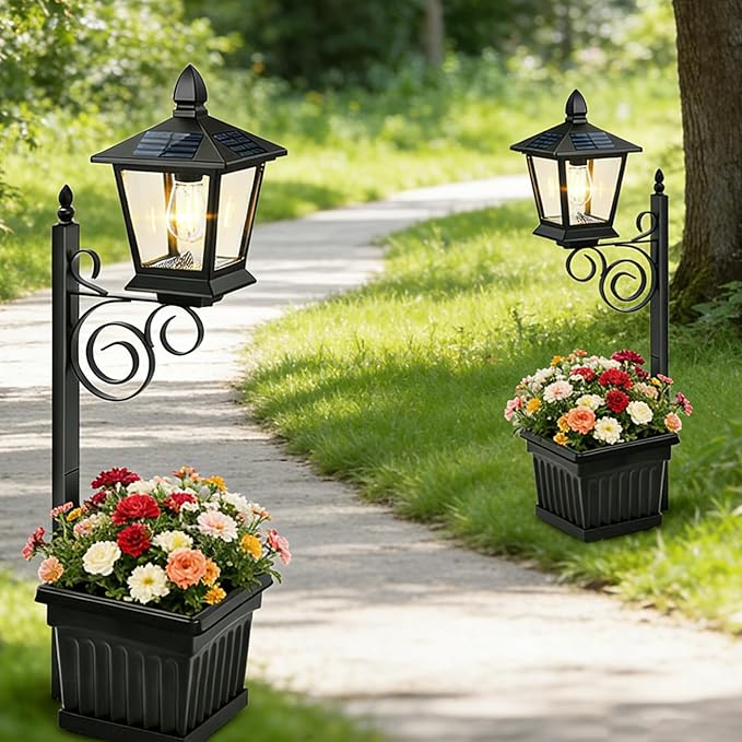 2-in-1 Outdoor Solar Lamp Post Light with Planter: Dusk to Dawn Solar Powered Light,Solars Lamp Post with Planter,Solars Lamps Postc,for ardens, Outdoor Floor Lamps (1 Set)