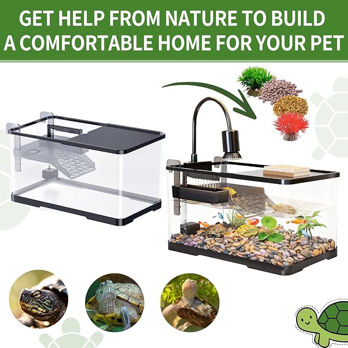 (Tank + Light +Pump + Filter + Filter Balls) Turtle Tank Kit, Turtle Tank Starter Kit,Bottom Drainage, Multi-Function Areas for Turtles, Crabs,Fishes, Amphibians,Reptiles. (15.75 x 8.64 x8.64 Inch)