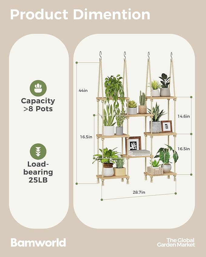 Bamworld Hanging Shelves 8Tiers Plant Hanger Indoor Window Plant Shelves Wood Plant Wall Shelf Window Sill Plant Shelf Indoor Hanging Plant Stand Living Room Decor Garden Boho Decor