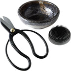 Wazakura Made in Japan Ikebana Floral Arrangement Kit. Koryu Scissors, Black Kenzan, Minoyaki Black Ceramic Flower Vase (Koryu, Black Vase, 2in Black Kenzan)