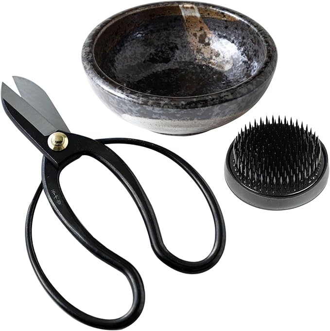 Wazakura Made in Japan Ikebana Floral Arrangement Kit. Koryu Scissors, Black Kenzan, Minoyaki Black Ceramic Flower Vase (Koryu, Black Vase, 2in Black Kenzan)