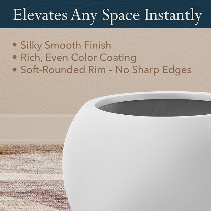 12.8" H x 16" D Premium Globo Fiberstone Round Planter - Smooth Finishes, Weather Resistant for Indoor & Outdoor Use, Included 2 Extra Coco Mats (Light Gray, 10.7" Pot Opening)