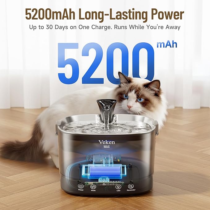 Veken Cordless Cat Water Fountain with Stainless Steel Tray & Secure Clips, 6 Filters + 6 Filter Sponges, 5200 mAh Battery Operated Pet Drinking Dispenser with LED Light, 85oz/2.5L Wireless Fountain