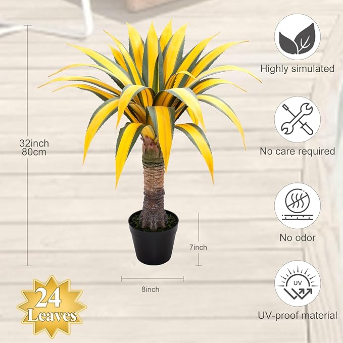 Artificial Green Edged Gold Leaf Spiny Agave Plant with 23 Leaves, 31.49in Faux Agave for Indoor & Outdoor Home Decor Perfect for Porch Living Room Bedroom, Patio & Office