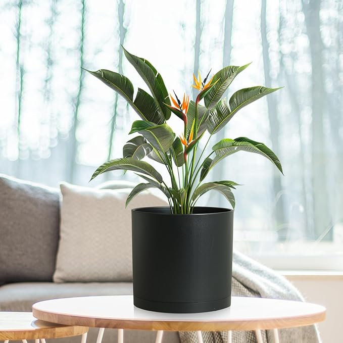 WSMKSZ 8 Inch Medium Plant Pots for Indoor Outdoor Plants, Cylinder Deep Flower Pots with Drainage Holes & Saucer, Decorative Plastic Planter Pots for Garden House Plants, Black