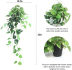 Fake Pothos Hanging Plants - 33" Set of 2 Artificial Silk Ivy Vines with Pots, Realistic Faux Greenery for Indoor Home Office Bathroom Decor, Low Maintenance Hanging Plant Decoration - Golden Green