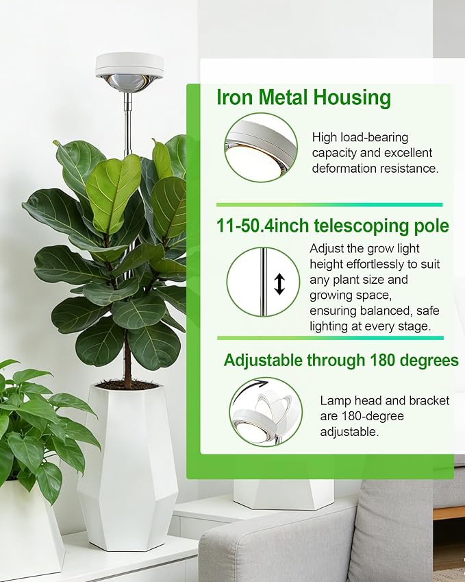 Plant Grow Light,yadoker LED Growing Light Full Spectrum for Indoor Plants,White Magnifying Glass Plant Lights,Height Adjustable, Automatic Timer, 5V Low Safe Voltage,Idea for Large