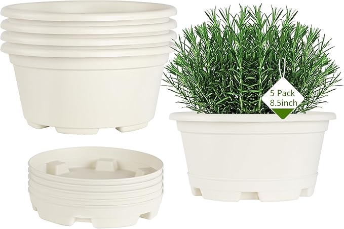 KPUVX 5 Pack 8.5 inch Plant Pot,Outdoor Flower Pots,Plastic pots for Plants Indoor with Drainage Holes and Trays, Decorative Garden Containers Sets for Houseplants