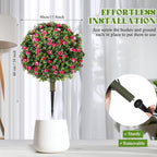 Lunmon 2 Pack 24" Artificial Topiary Ball Plants Trees with Flowers, Outdoor Fake Topiary Plants with Ground Spike, UV Resistant Faux Bushes for Indoor Outdoor Front Door Decor(Pink, White,Rose)