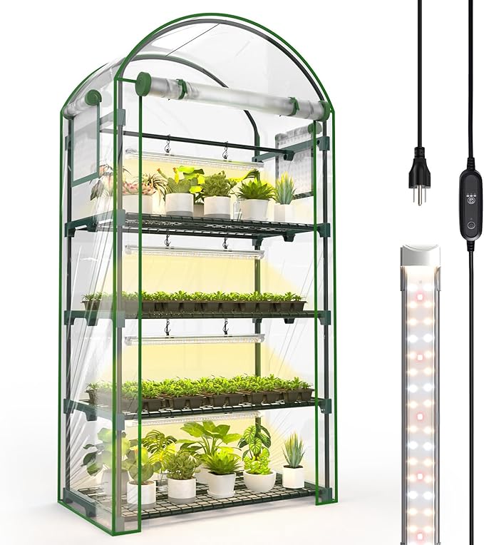Bstrip Indoor Greenhouse with Grow Light, 4-Tier Mini Green House, 4Pcs Grow Lights for Indoor Plants with Timer, Zippered PVC Grow Tent with Airflow Windows, Indoor Greenhouse Cabinet 35x19.3x63in