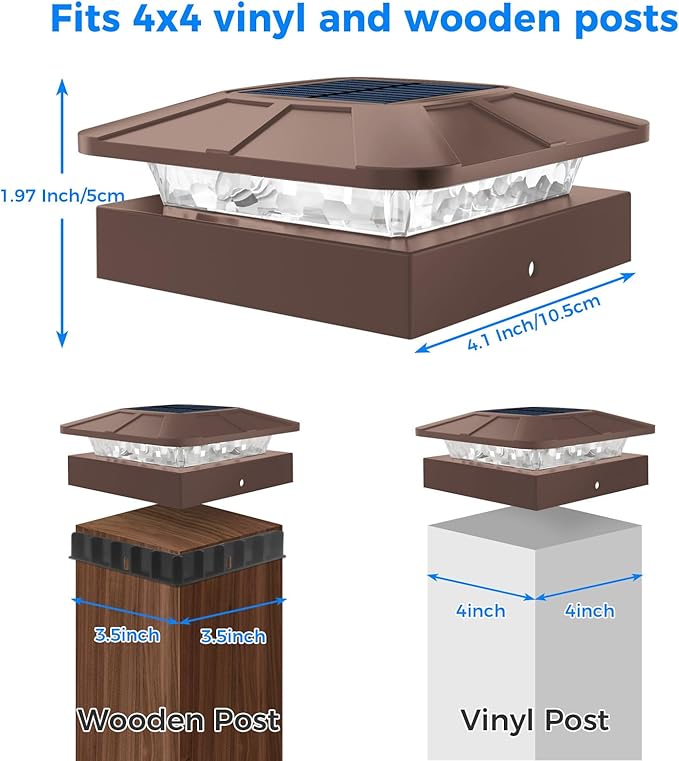 Peasur 6 Packs 4x4 Post Solar Lights with 3 Modes, Waterproof LED Solar Cap Lights for 4×4/3.5×3.5 Wood/Vinyl Posts, Brown Post Top Lighting Outdoor for Fence Deck Mailbox Porch Railing