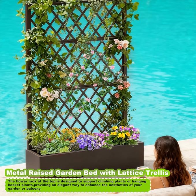 Metal Planter Box with Privacy Screen Trellis,Galvanized Raised Garden Bed On Wheels for Climbing Plants Vines, Standing Garden Flower Bed with Drainage Holes (Espresso, 47" L x16 W x 73" H)