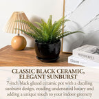 MyGift 7 Inch Glossy Black Ceramic Plant Pot with Drainage Hole and Attached Saucer, Modern Decorative Embossed Sunburst Planter Container for Indoor Home Garden