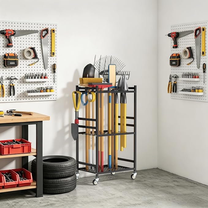Garden Tool Organizer with Wheels, Heavy-Duty Yard Tool Rack with 3 Side Hooks, Holds Up to 40 Long-Handled Tools, Metal Garage Tool Storage for Lawn & Outdoor Organization