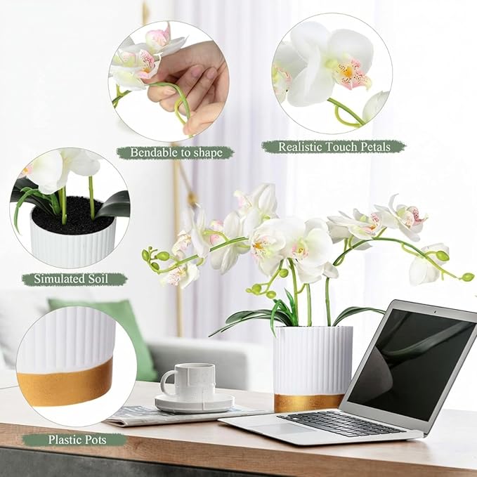 XunYee Orchid Artificial Flowers in Pot 15 Inches Artificial Orchid Flowers Phalaenopsis Potting for Home Office Wedding Bathroom Centerpiece Decor(White)