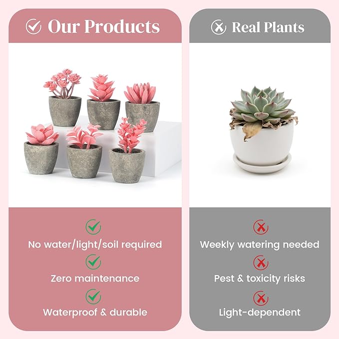 DomeStar Set of 6 Artificial Succulent Plants Potted, Assorted Decorative Pink Faux Succulent Potted Fake Cactus Cacti Plants with Pots