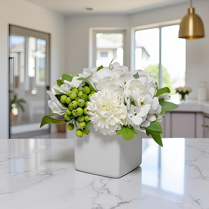 LADADA Flower in Ceramic vase, Artificial Hydrangea Flower Arrangement and vase Home Decoration Artificial Flower (White)