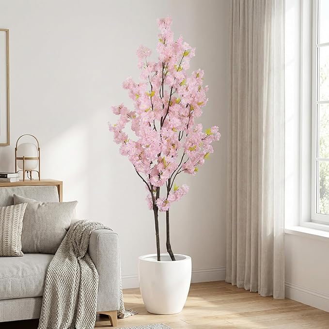 Artificial Pink Cherry Blossom Tree 7ft(84in) Faux Floor Green Plant for Indoor Decor Natural Potted Tree Realistic Cherry Flowers Wood Trunk for Home Living Room,Office Perfect Housewarming Gift