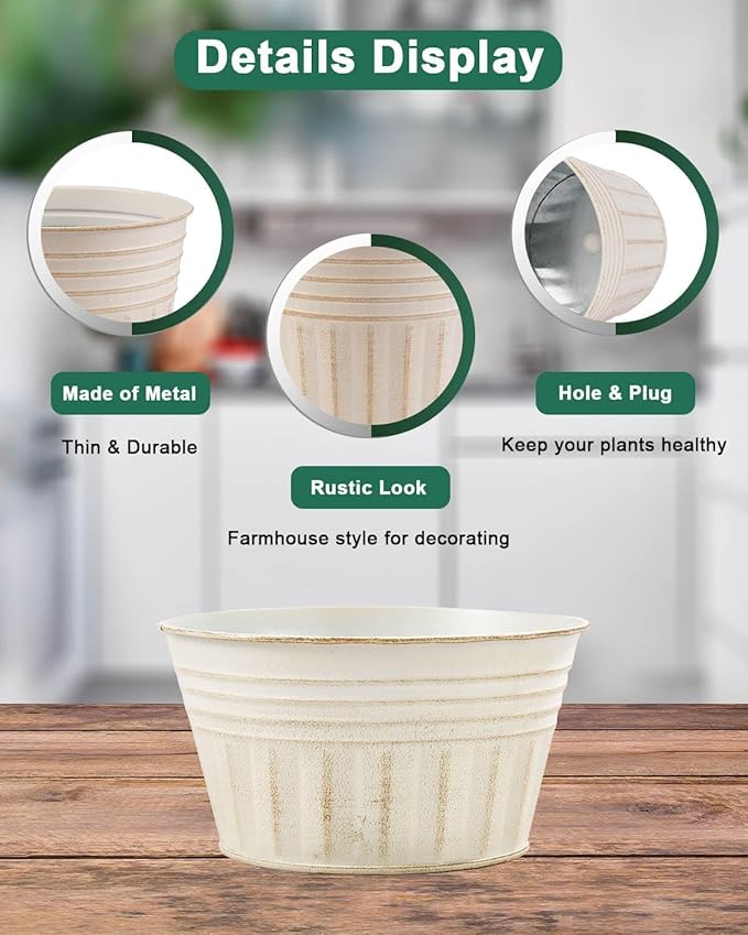 vensovo 8 Inches Beige Metal Rustic Plant Pots - 6Pcs Shallow Galvanized Planters with Drain Hole and Rubber Plug, Rustproof Tin Bucket Succulent Pot Indoor Farmhouse Vintage Style for Decor