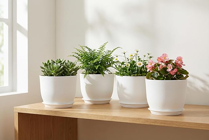 8 Inch Plant Pots Set of 2, Plastic Planters with Drainage Holes and Tray, Flower Pots for Indoor Outdoor Plants and Flowers (White)