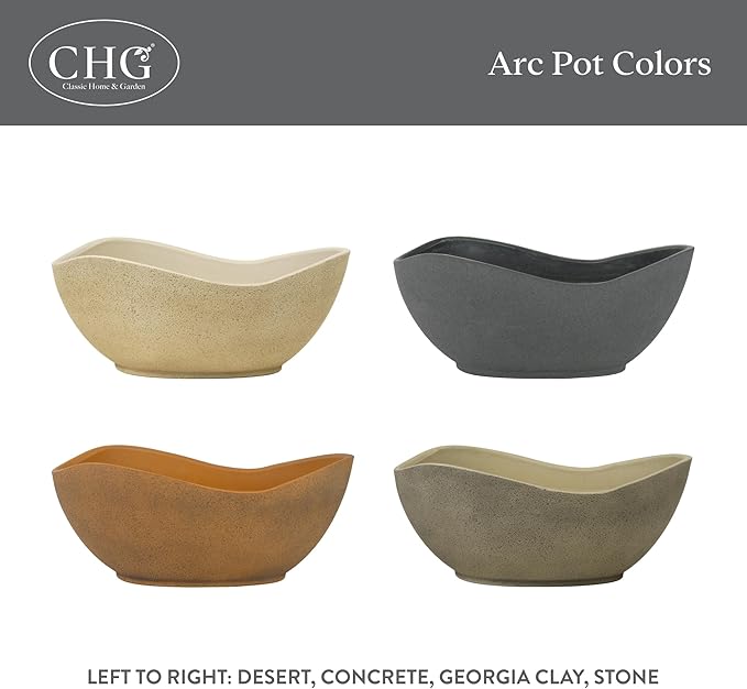 Classic Home and Garden Arc Unique Planter Bowl w/Drain Plug - UV Resistant Shallow Planter - Modern Plant Pot for Herbs (12” Concrete)