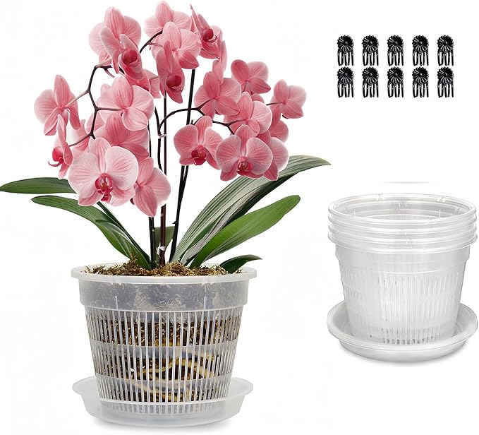 Orchid Pot with Saucers, 6 Pack Orchid Pots with Holes, 4.5" Clear Orchid Pots for Repotting, Breathable Slotted Orchids Planter