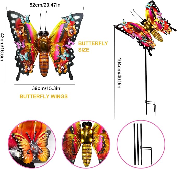 Solar Garden Lights, Outdoor Butterfly Garden Decor Large 41" Metal Decorative Lights, Waterproof Butterfly Decoration for Outside Patio Yard Porch Birthday Gardening Gifts for Mom Women Mother's Day