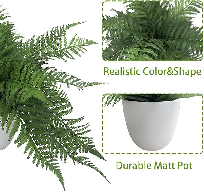 Artificial Fern Plant in Pot, 12'' Fake Desk Plant, Realistic Faux Greenery for Home Office Bathroom Shelf Décor, No Maintenance Indoor Plant (1 Pack)