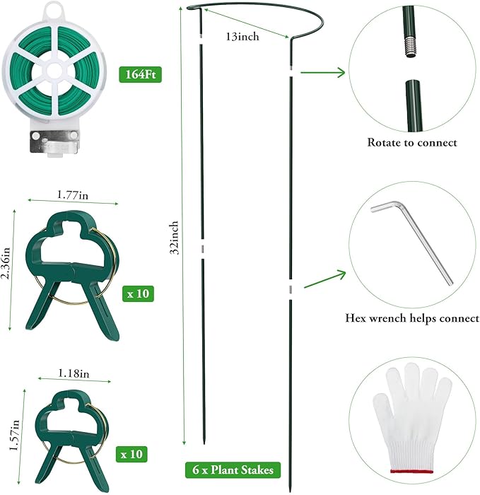 Unves 6 Pack Peony Cage, 13" W x 32" H Half Round Ring Metal Plant Support Stakes, Heavy Duty Peony Cages and Supports for Indoor Outdoor Plants, Vegetables and Flowers with Clips, Ties and Gloves