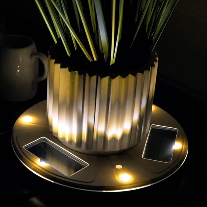 Gama Sonic Illuminated Plant Stand for Outdoor, Solar Power, White Base for Exterior Potted Plants, Entryway, Pathway, Landscape Planter Lighting (77i50265)