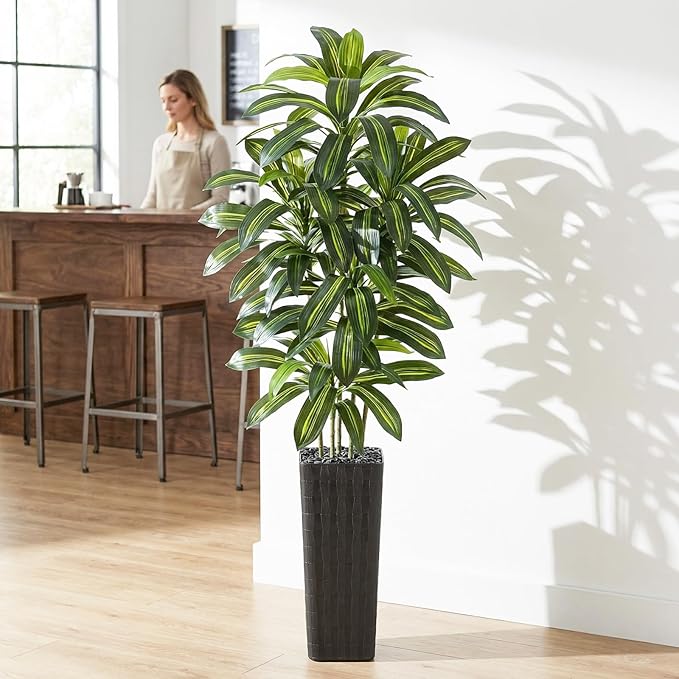 Artificial Dracaena Tree：7FT Faux Silk Tropical Yucca Floor Trees Realistic Fake Green Plant with Natural Wood Trunk & Lifelike Leaves for Home Office Decor Indoor & Outdoor (7FT,1-Pack,Black)
