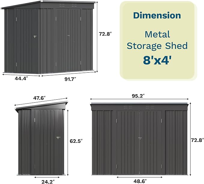 Patiowell 8x4 FT Outdoor Storage Shed with 3 Lockable Doors, Metal Garden Tool Sheds with Sloping Roof, Outdoor Utility Shed for Backyard Patio Lawn, Black