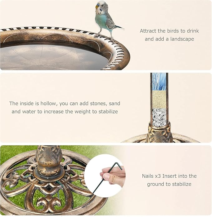 AISITIN Bird Bath Outdoor, Polyresin Lightweight Birdbath for Garden with 2.5W Solar Fountain, Used in Outside, Patio, Pond, Solar Fountain for Bird Bath