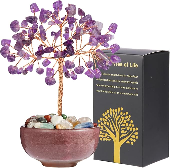Amethyst Crystal Tree with Ceramic Base,Natural Gemstone Feng Shui Money Tree for Wealth,Good Luck & Positive Energy,Handmade 5 Inch Healing Abundance Bonsai for Home Office Decor