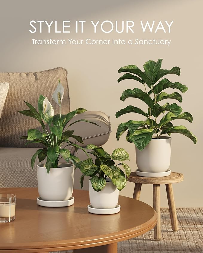 Bamworld Plant Pots Planters for Indoor Plants Flower Pots with Drainage Holes 5/6/7.5 Inch Set of 3 Plastic Planters for Outdoor Plants Garden Pots for Office Room Home Decor White