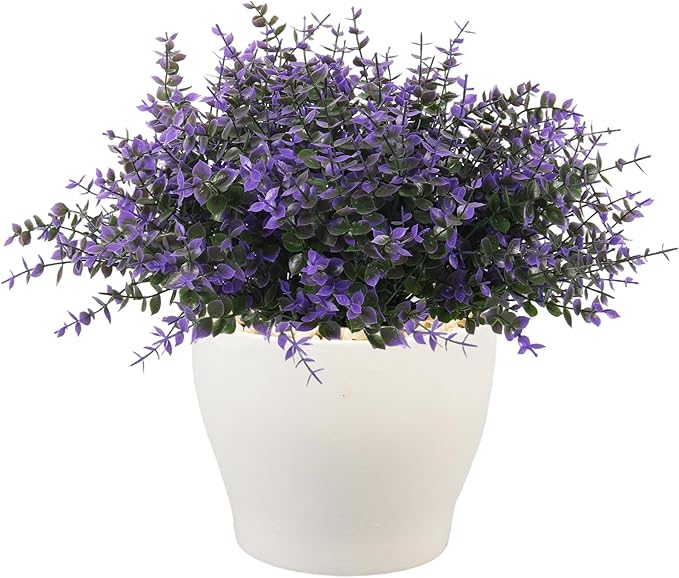 RECUTMS Fake Shrubs Flowers, 12 Bundles Faux Outdoor Plants UV Resistant Artificial Greenery Eucalyptus Flowers Boxwood Springs Fake Plants Indoor Outside Hanging Planter Home Garden Decor (Purple)