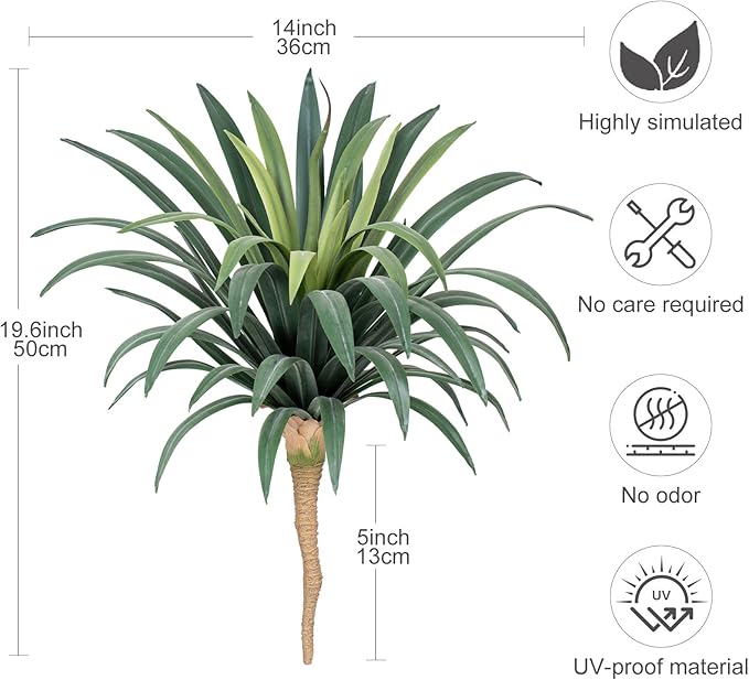 Artificial Agave Plant 19.68Inch UV Resistant Faux Agave Plant Outdoor Large Fake Plants Indoor Realistic Artificial Plants Without Pot for Outdoor Patio Garden Indoor Home Decor (2 Packs)