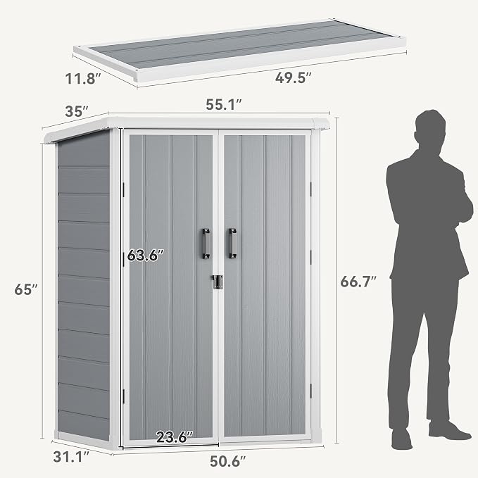 DWVO Outdoor Tall Storage Shed 60 Cuft with 2 Shelves, 5X3FT Vertical Tool Shed with Floor & Lockable Doors, Sturdy Double-Wall Plastic Cabinet for Garbage Cans and Garden Storage