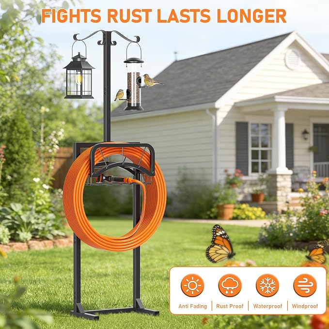 Garden Hose Holder for Outside, Upgraded Heavy Duty Freestanding Water Hose Holder Stand with 5 Spikes, Storage Basket & 2 Shepherd Hooks, Supports Up to 160 FT Hose for Yard Lawn