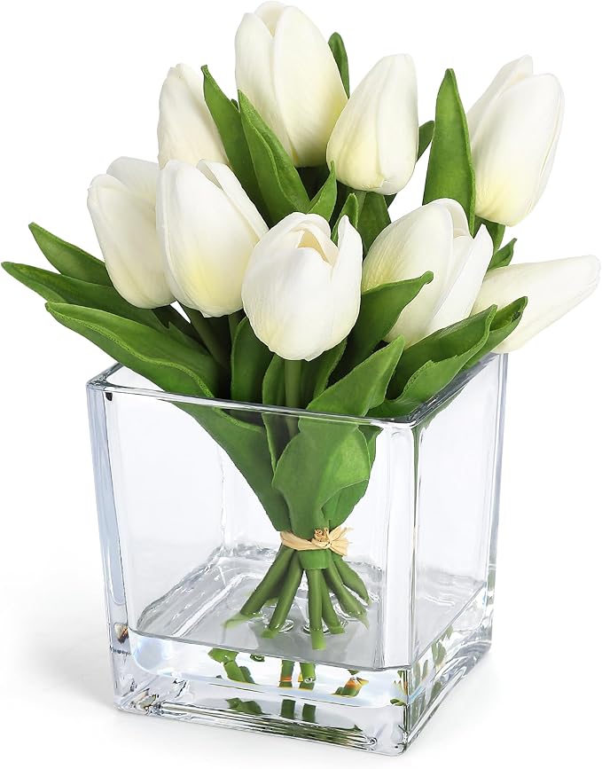 GarveeLife 12 Pcs Artificial Tulips Flowers, Real Touch Faux Tulip Stems for Vase, Home Kitchen Wedding Dining Table Decorations, Ideal Gift for Mother's Day, Easter, Valentine's Day (White)