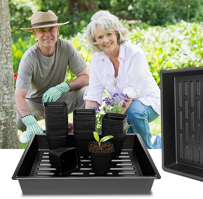 RooTrimmer 3.5 inch (9CM) Square Nursery Pots 60pcs, Sturdy Seedlings Trays 5 Pcs, Seeds Starter Germination Tray, Microgreenings Planter Nursery Propagation 5 Sets