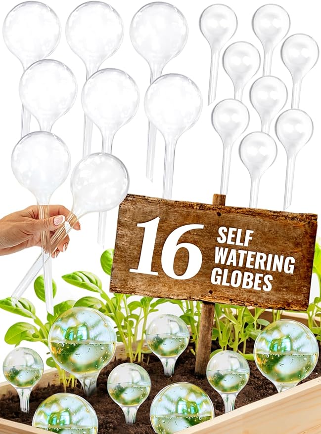 Plant Watering Globes Plastic Set of 16 - Automatic Plant Waterer Set for Indoor and Outdoor Plant Watering - Self Watering Planter Insert System with Plastic Watering Bulbs (8 Medium & 8 Small)