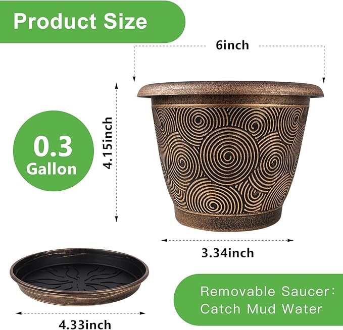Fodetyff 6 Inch Flower Pots Planters for Indoor Outdoor Plants, 6 Pack Plastic Small Plant Pots with Drainage Hole & Tray, Modern Decorative Garden Pot with Saucer, Plant Container for House