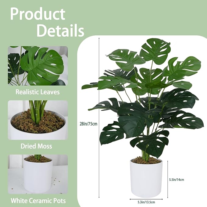 GTIDEA 2 Pack Fake Plants Artificial Monstera Deliciosa Plants in White Pots, 28'' Tall Fake Tropical Palm Tree with Greenery Leaves, Artificial Plant for Home Decor Indoor Living Room House Office