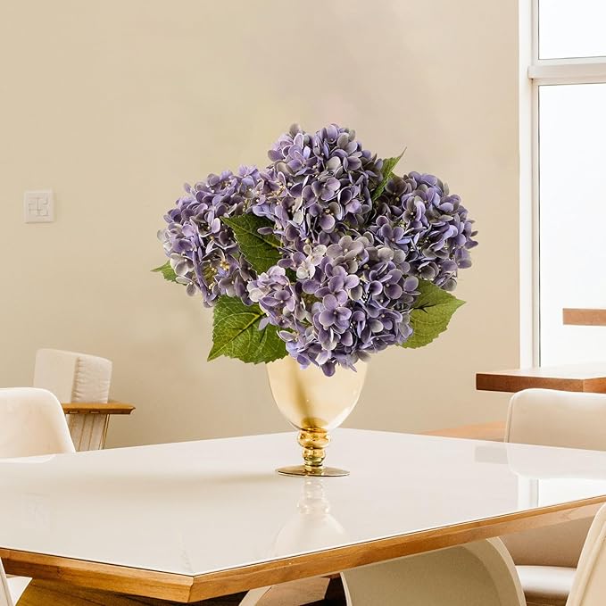ZYTUYO 4 Pcs 20'' Gray Purple Real Touch Hydrangea Artificial Flowers Vintage Lifelike Latex Hydrangeas Long Stem for Boho Home Decor Porch Outdoor Wedding Kitchen Xmas Table Centrepiece
