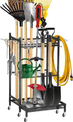 Garden Tool Organizer Rack with Wheels Up to 30-35 Tools, Heavy-Duty Steel Yard Tool Organizer for Garage Storage with 11 Hooks, Broom Holder & Garden Tool Rack for Shed, Patio, Lawn, Outdoor, Black